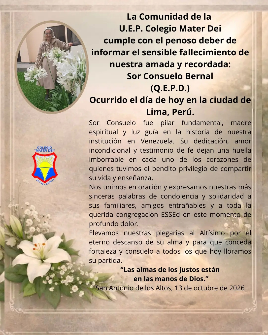 Sensible fallecimiento de nuestra amada y recordada:  Sor Consuelo Bernal (Q.E.P.D.)